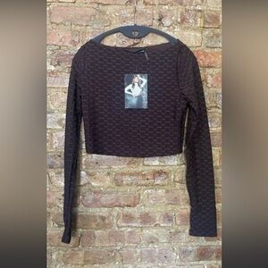 NAKED WARDROBE TEXTURED BOAT NECK LONG SLEEVE BLACK CROP TOP SHIRT